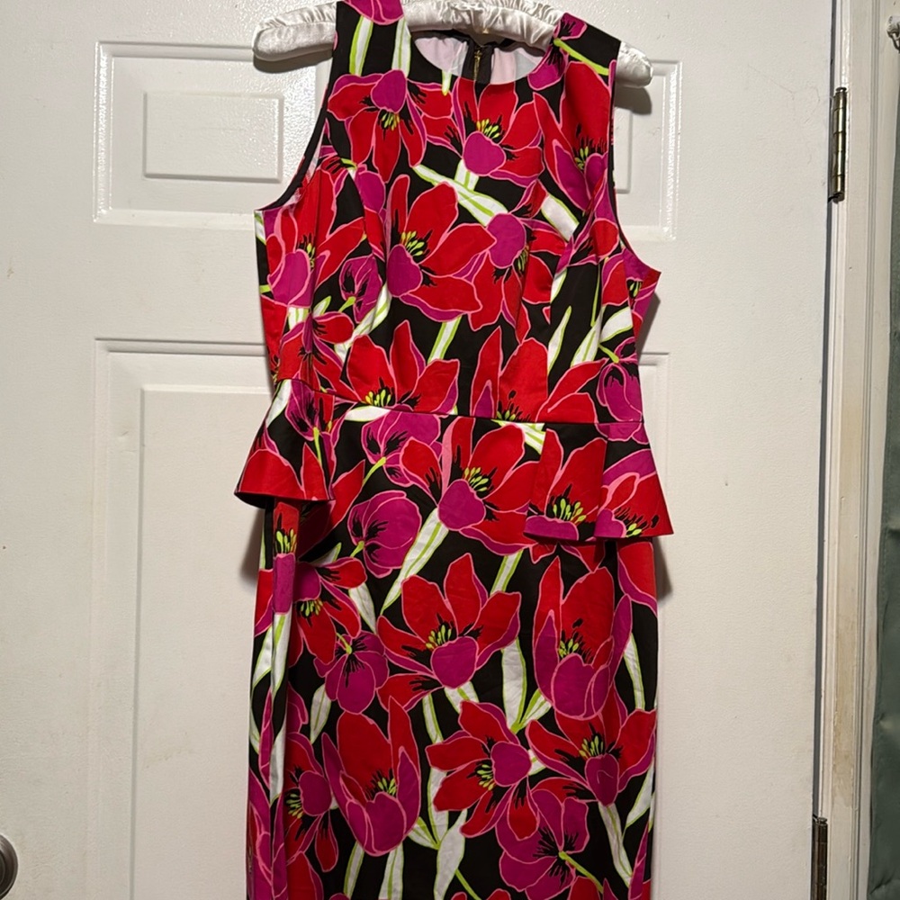 KATE SPADE Sz 14 RIO SLEEVELESS PEPLUM DRESS SHEATH Floral TROPICAL RED/PINK. - Picture 4 of 16